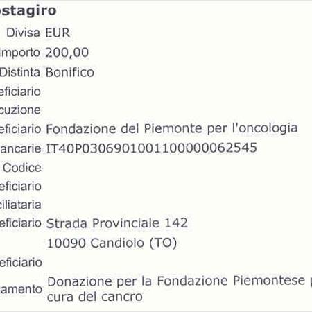 Donazione alla Fondazione del Piemonte per l'oncologia di Candiolo. Parte del ricavato dalla vendita magliette della Mezza di Varenne